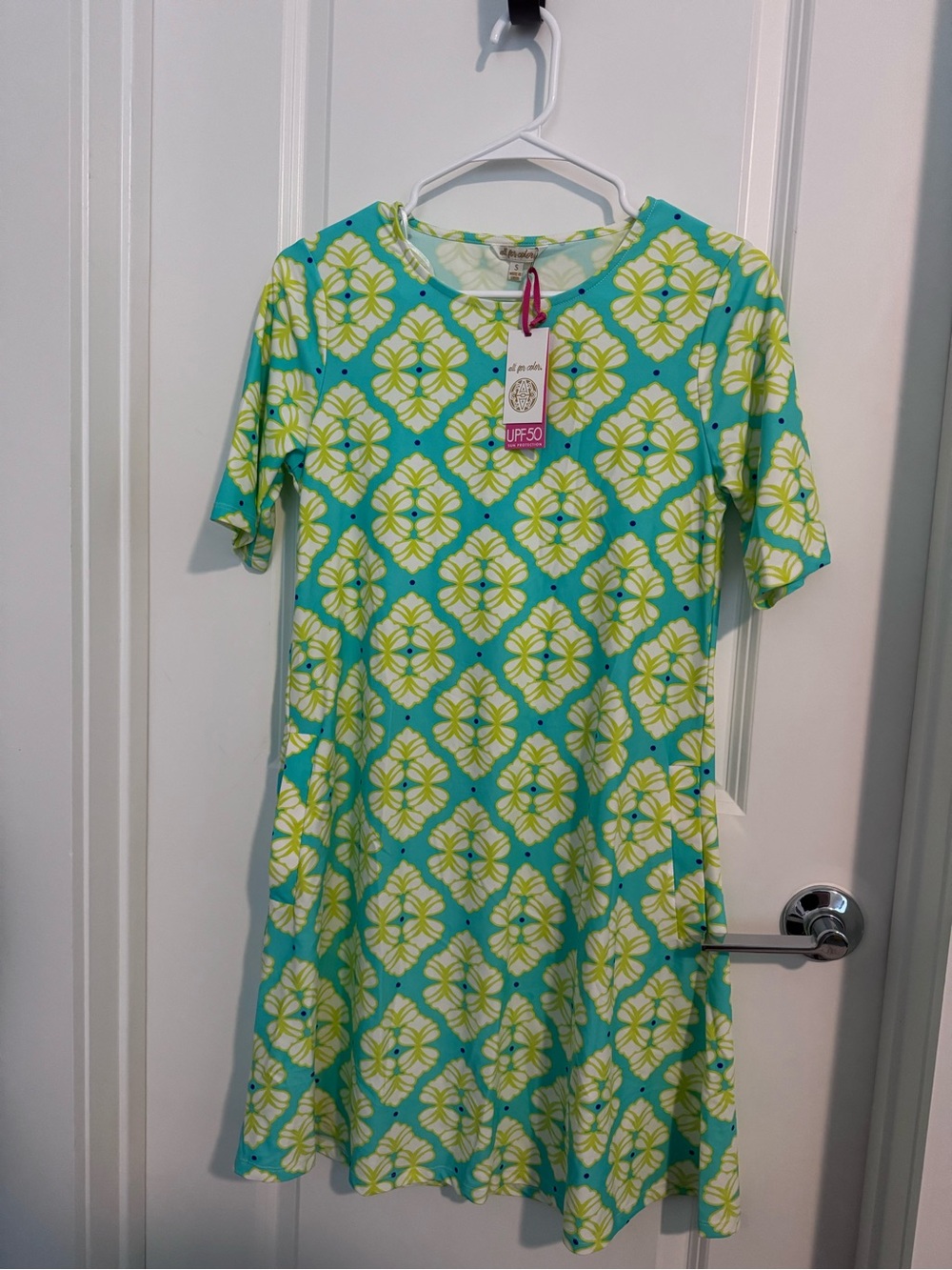All For Color Aqua and Lime Floral Medallion Short Sleeve Dress